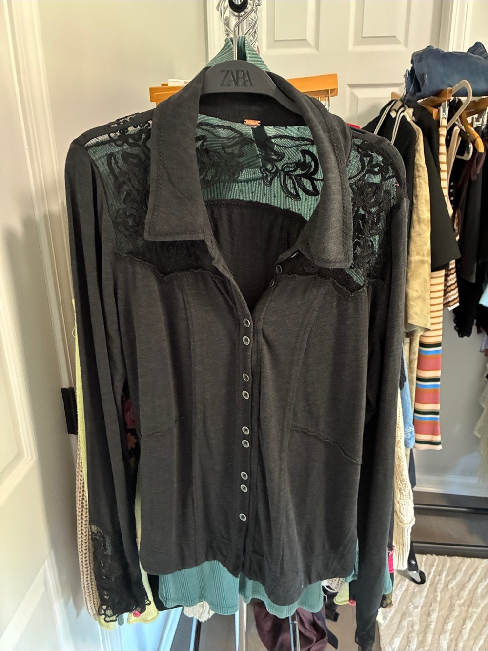 Free People Black Lace-Yoke Button-Down Shirt